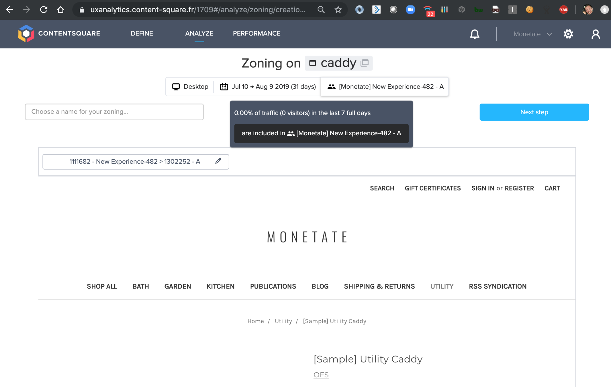 Contentsquare Zoning information overlaying a product detail page on which a Monetate experience is running