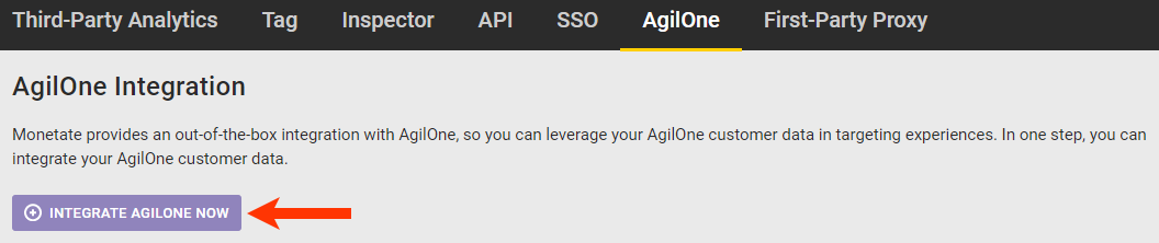 Callout of the 'INTEGRATE AGILONE NOW' button on the AgilOne page