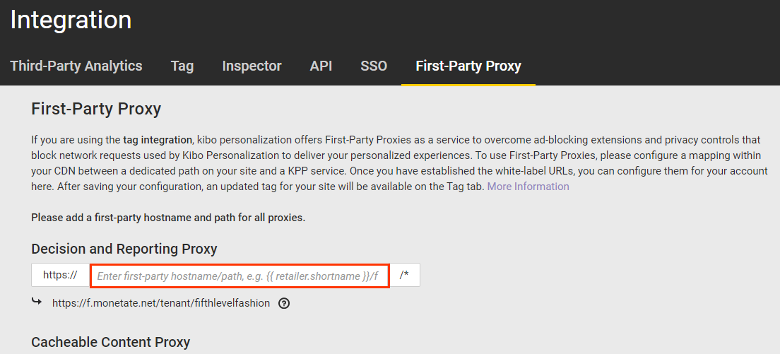 Callout of the 'Decision and Reporting Proxy' field on the 'First-Party Proxy' tab