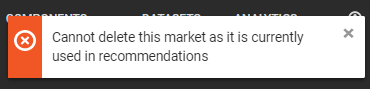 The warning message indicating a market was not deleted because it is part of a recomendation strategy