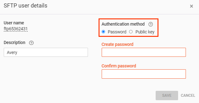 Callout of the Authentication method options on 'SFTP user details' modal