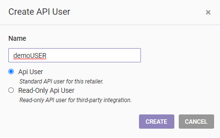 The 'Create API User' modal