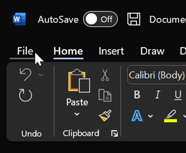microsoft word showing File highlighted