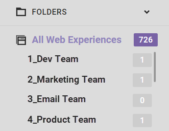 The Folders list on the All Web Experiences list page, with a folder for each corporate team that might create an experience