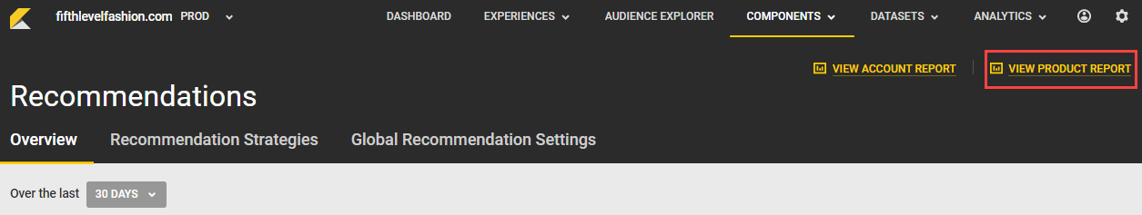 Callout of the VIEW PRODUCT REPORT button on the Recommendations page