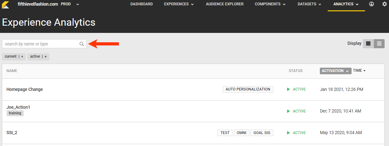 Callout of the search field on the Experience Analytics list page