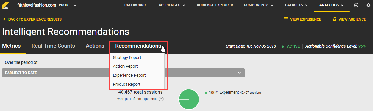 Callout of the Recommendations tab and its menu of experience-specific reports