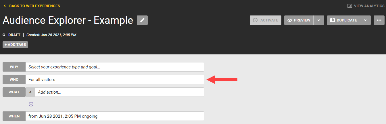 Callout of the WHO settings on the Experience Editor page
