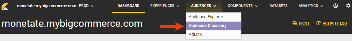 Callout of the Audience Discovery option in the AUDIENCES top navigation menu