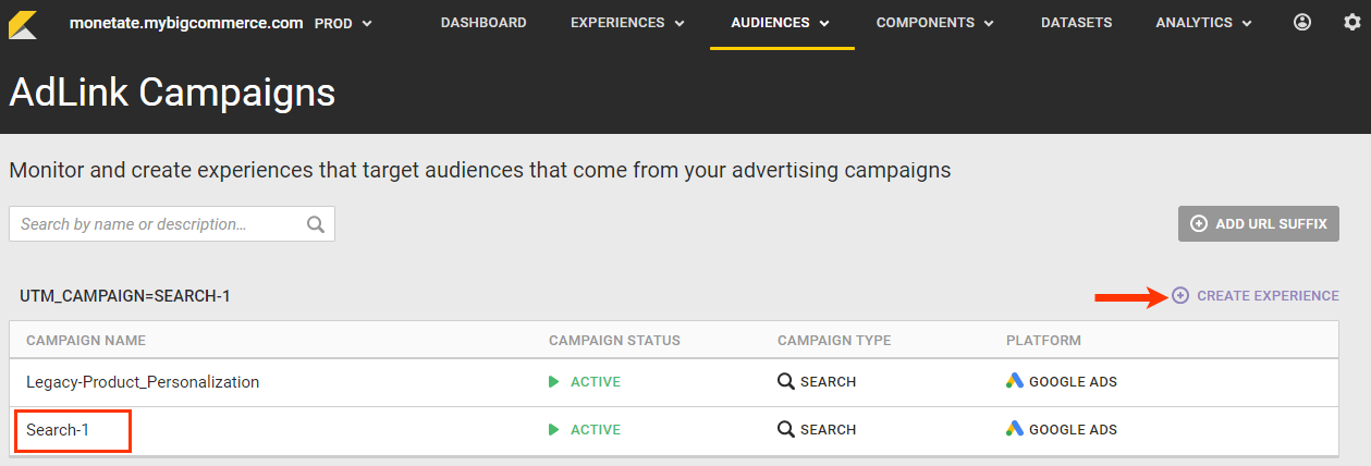 The Adlink Campaigns page, with a callout of an example campaign and a callout of the 'CREATE EXPERIENCE' button