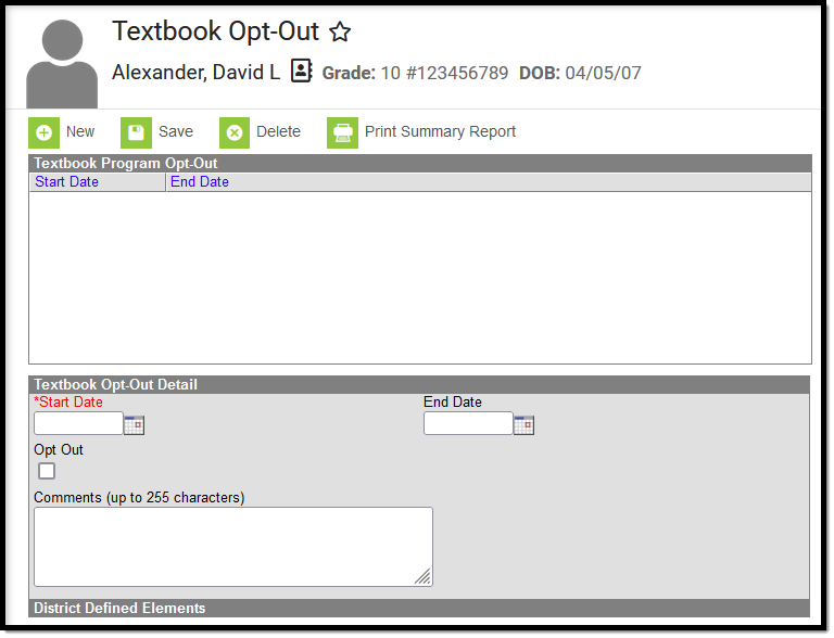 Image of the Indiana Textbook Opt-Out Detail Editor.