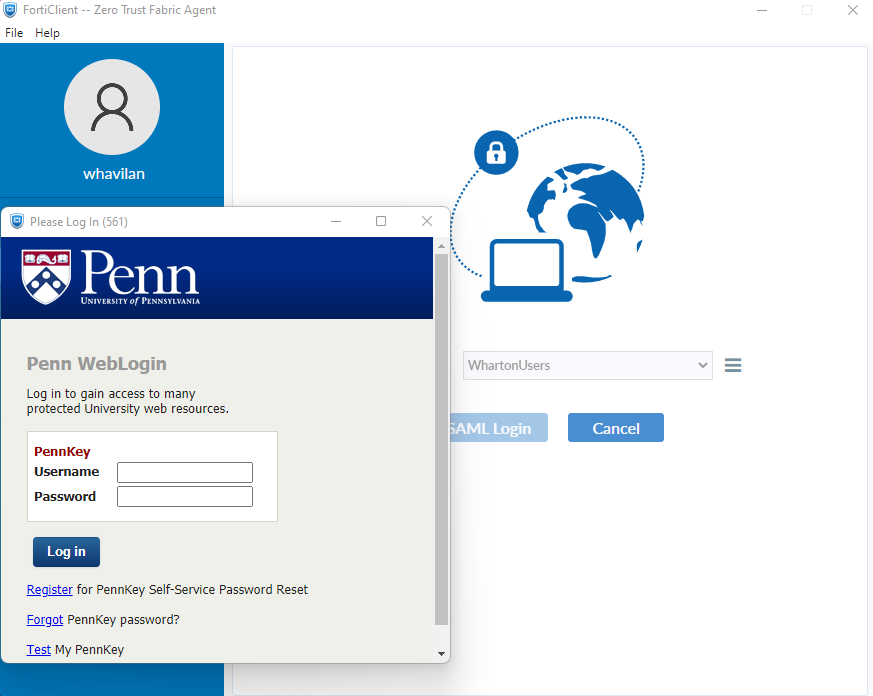 The PennKey login screen over the Forticlient screen.