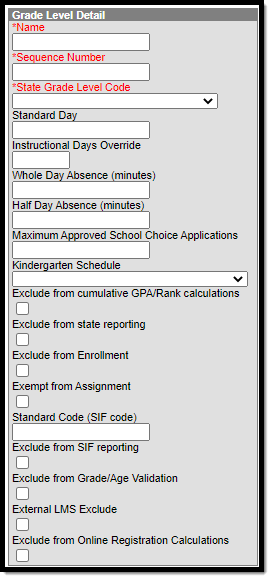 Screenshot of the Minnesota Grade Level Detail Editor.