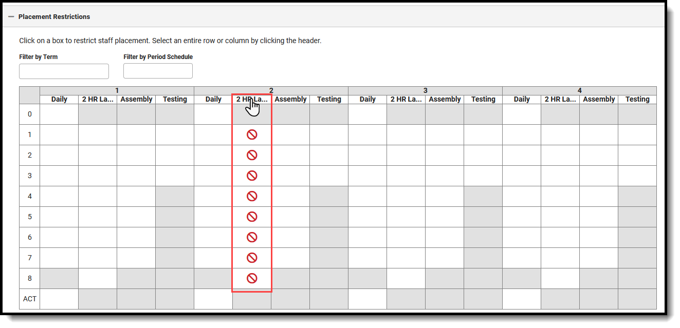 Screenshot of the placement restriction assigned to the Schedule Strucure for a term. 