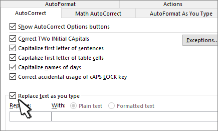 Replace as you type checkbox on Autocorrect tab