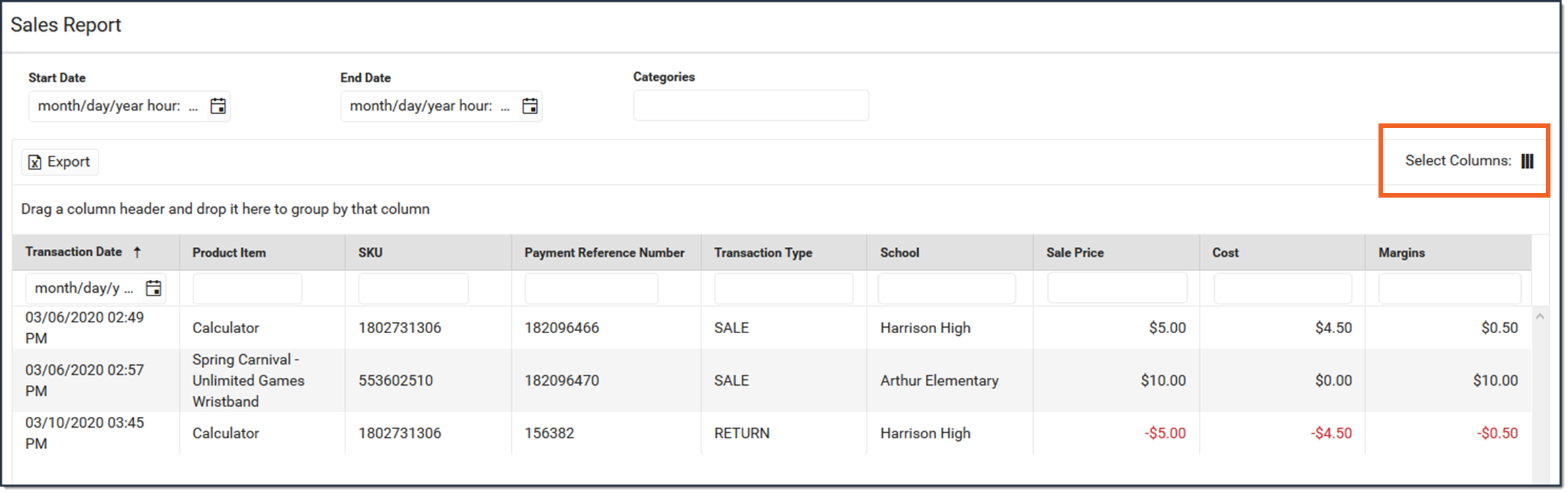 Screenshot of the Sales Report Editor where the Select Columns button is highlighted.