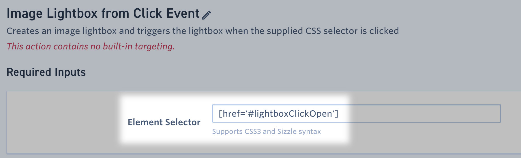 The 'Image Lightbox from Click Event' action template as seen in an old version of the Monetate user interface, with the 'Element Selector' field highlighted and with '[href='#lightboxClickOpen']' in that field