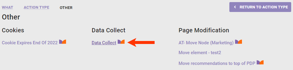Callout of the 'Data Collect' action template option on the Action Type panel of a Web experience