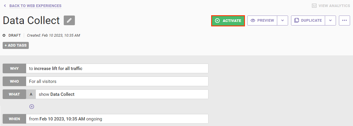 Callout of the ACTIVATE button on the Experience Editor page