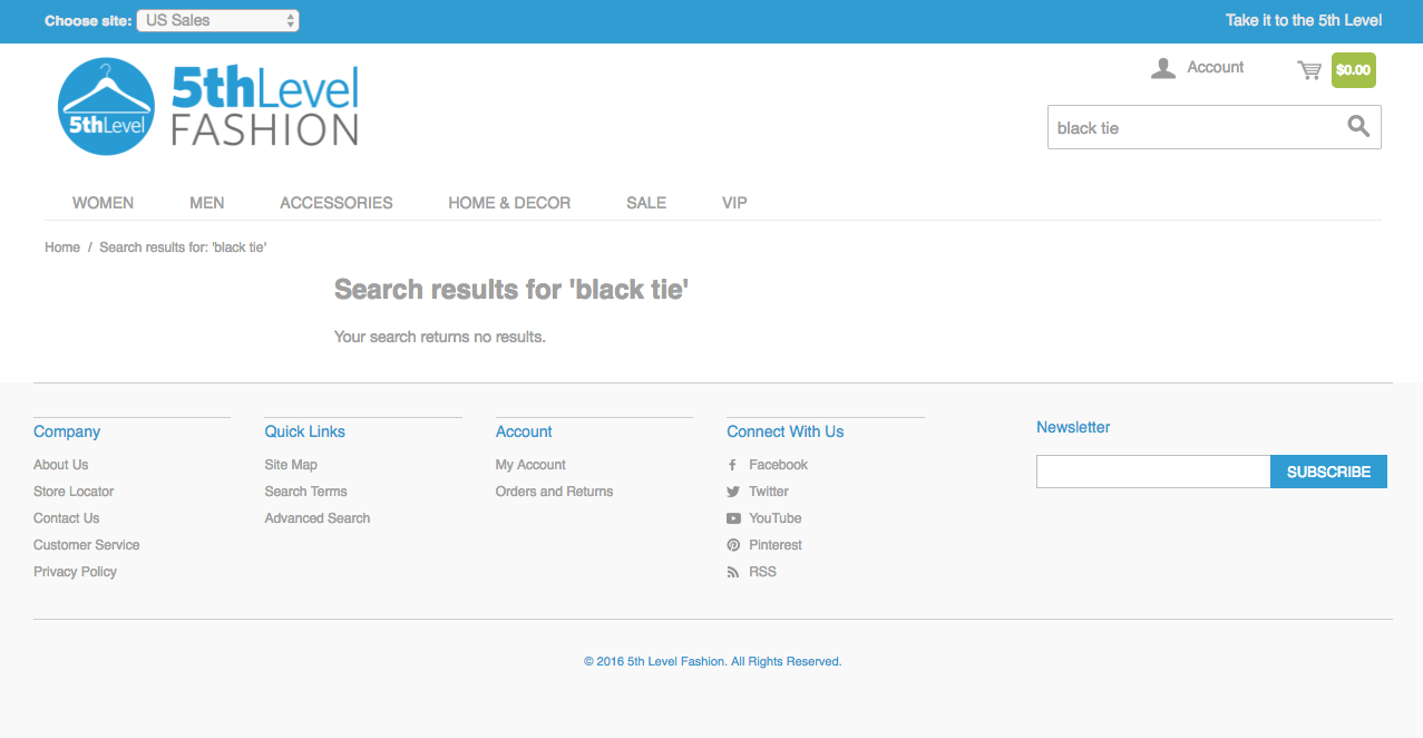 The search results page of Fifth Level Fashion's website. A message states that no products matched the 'black tie' search query.