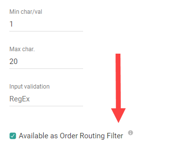 The customer attribute settings with a callout for the Available as Order Routing Filter toggle