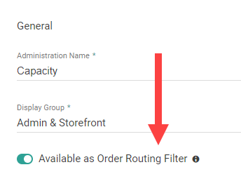The location attribute settings with a callout for the Available as Order Routing Filter toggle
