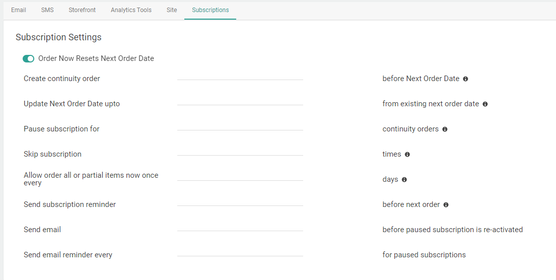 The Subscriptions tab of the site settings, displaying three continuity order configurations.