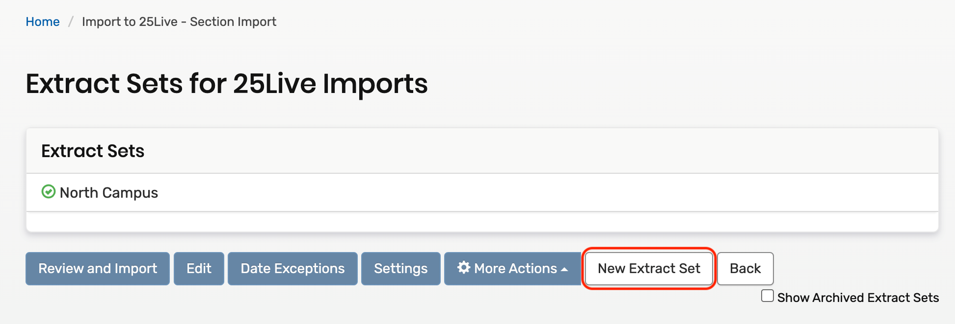new extract set button on the section import page