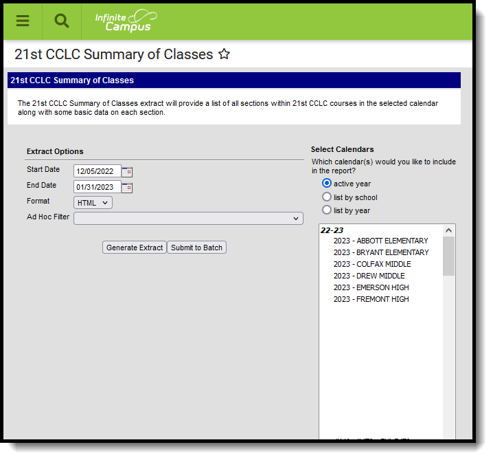 Screenshot of the 21st CCLC Summary of Classes Reported editor. 