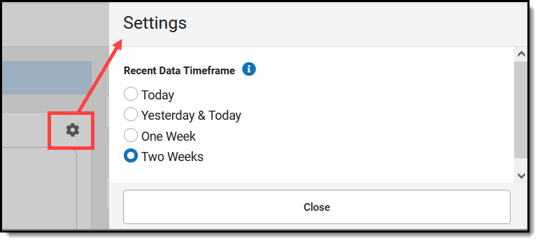 Screenshot highlighting using the gear icon to access the recent data Settings menu and set a timeframe for recent data.  