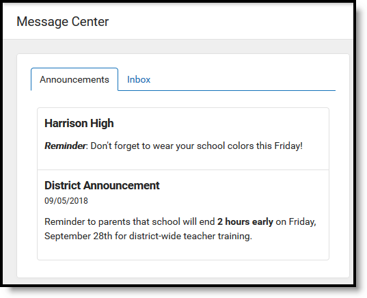 Screenshot of the message center in campus parent.