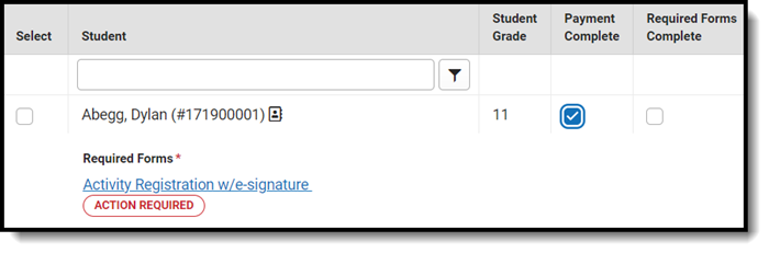 Screenshot of a student with the Action Required label next to the form.
