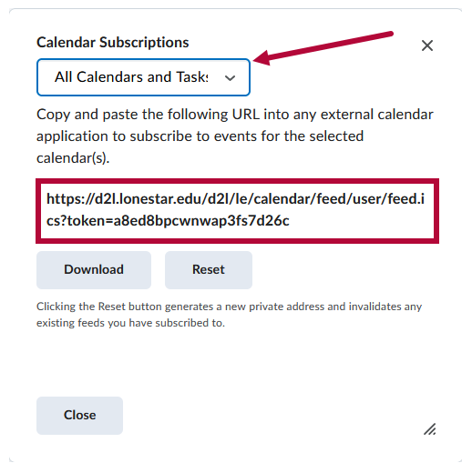 Calendar Subscriptions option and Calendar link
