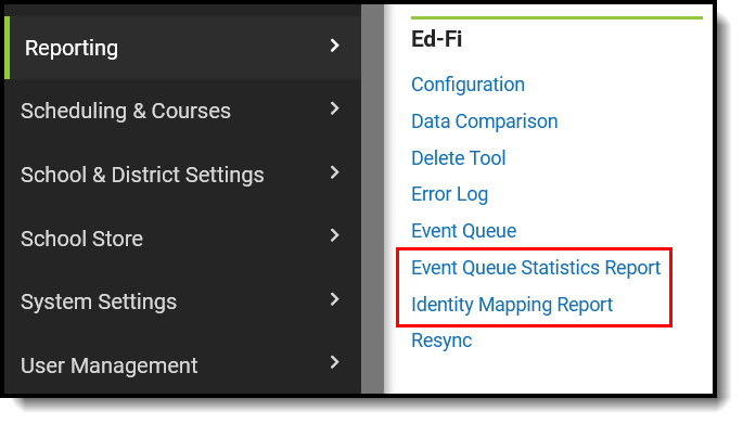 Screenshot of the Ed-Fi Reports menu.