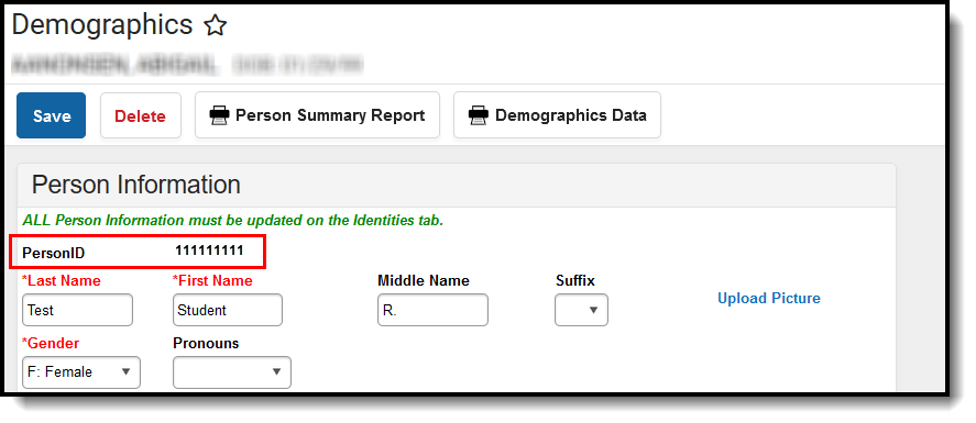 Image of the PersonID field on the Demographics tool.
