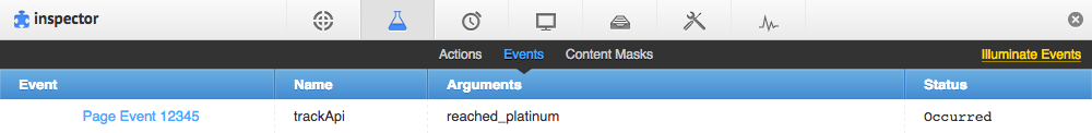 The Events panel that lists a trackAPI event in the 'Page Event' row