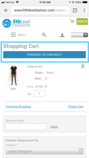 Callout of the duplicated checkout button on the cart page of the mobile view of a retailer's site