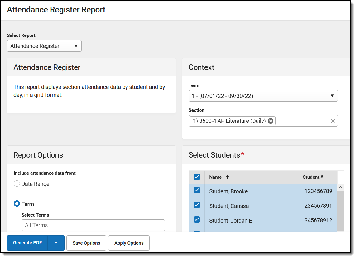 Screenshot of the Attendance Register report editor. 