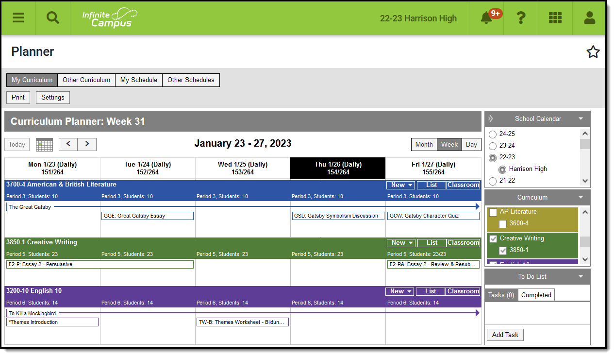 Screenshot of the Planner, with curriculum for the selected sections displayed in a calendar format. 