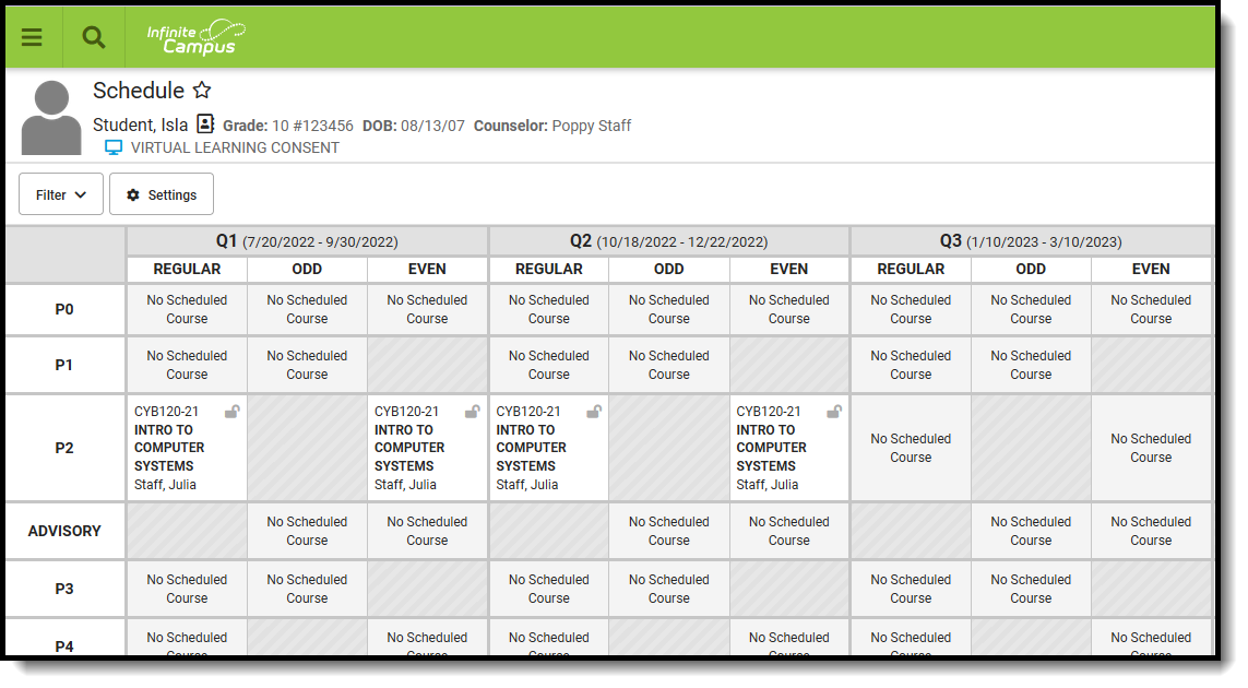 Screenshot of the Student Schedule tool. 