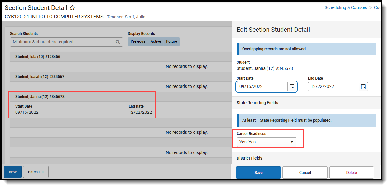 Screenshot of the Section Student Detail editor with the Career Readiness field highlighted.