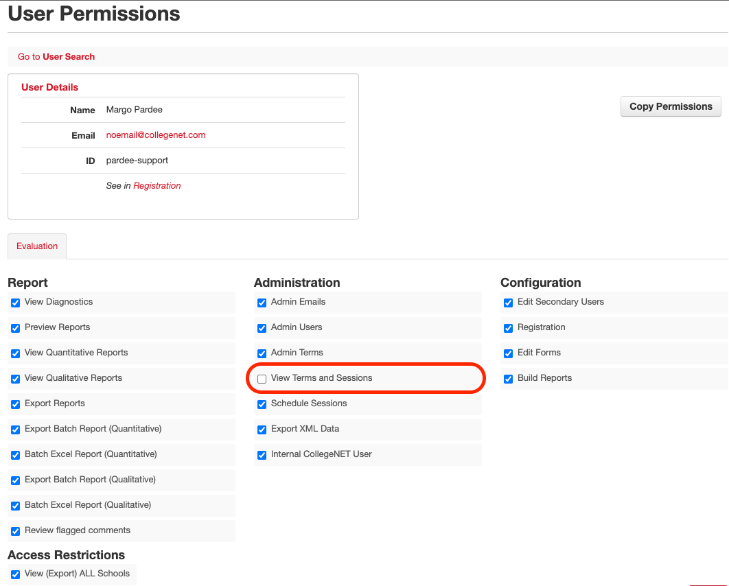 View terms and sessions checkbox in the administration column of the user permissions page