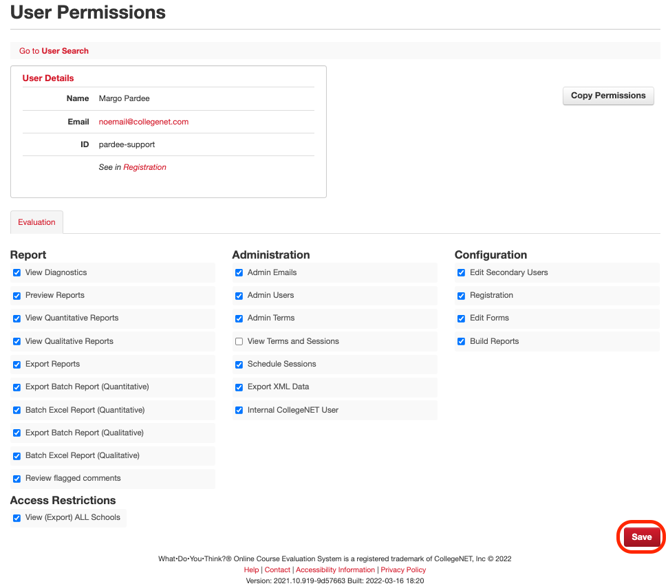 save button in the lower right corner of the user permissions page