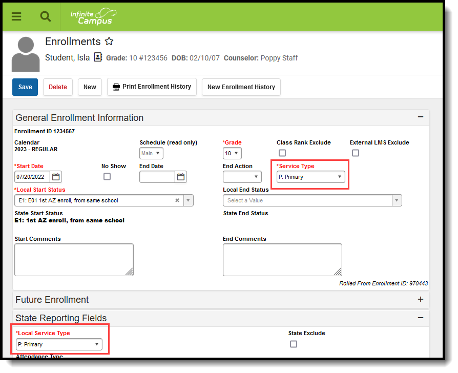 Screenshot of the student enrollment editor with the Service Type and Local Service Type fields highlighted. 