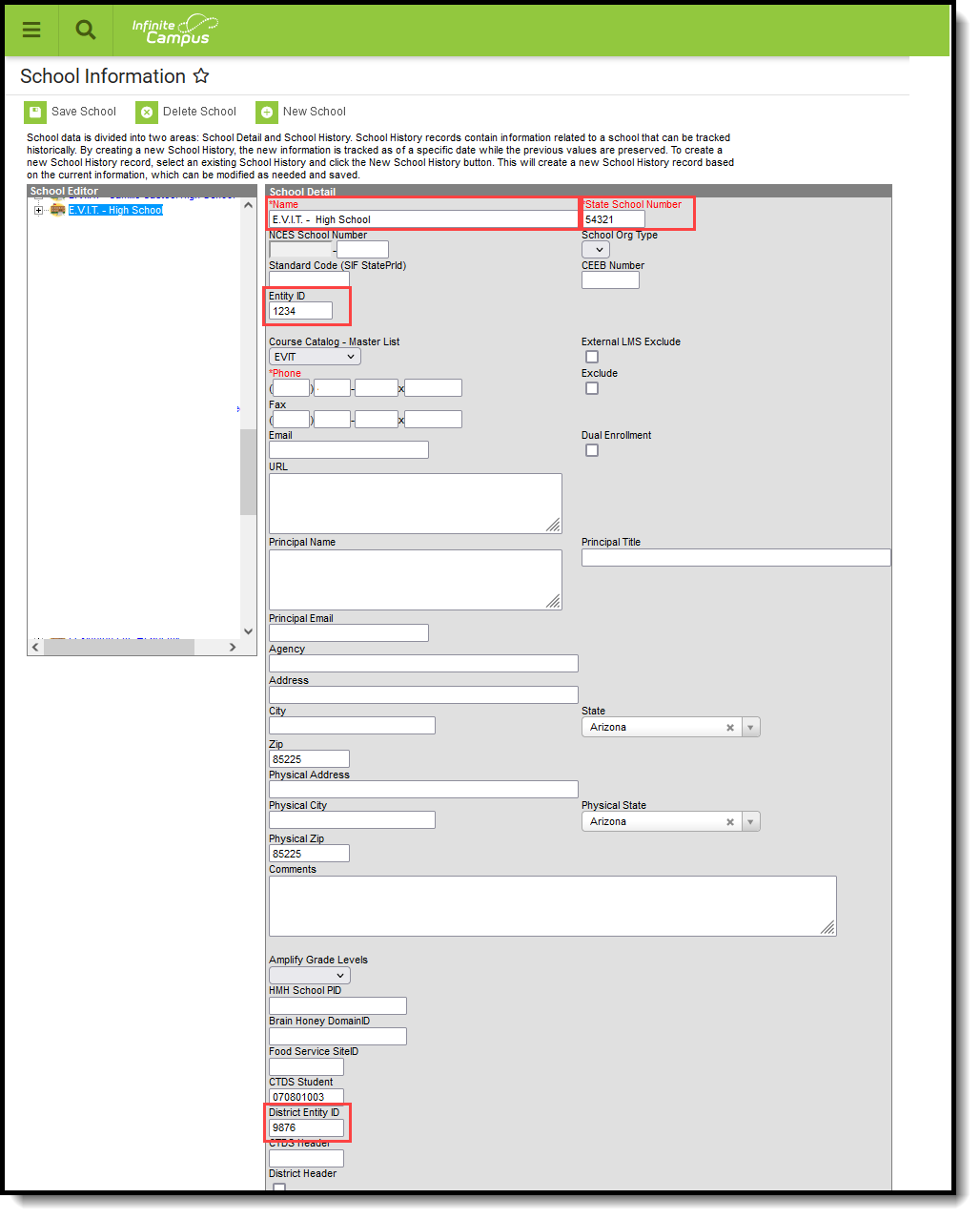 Screenshot of the School Information editor with the District Entity ID field highilighted. 