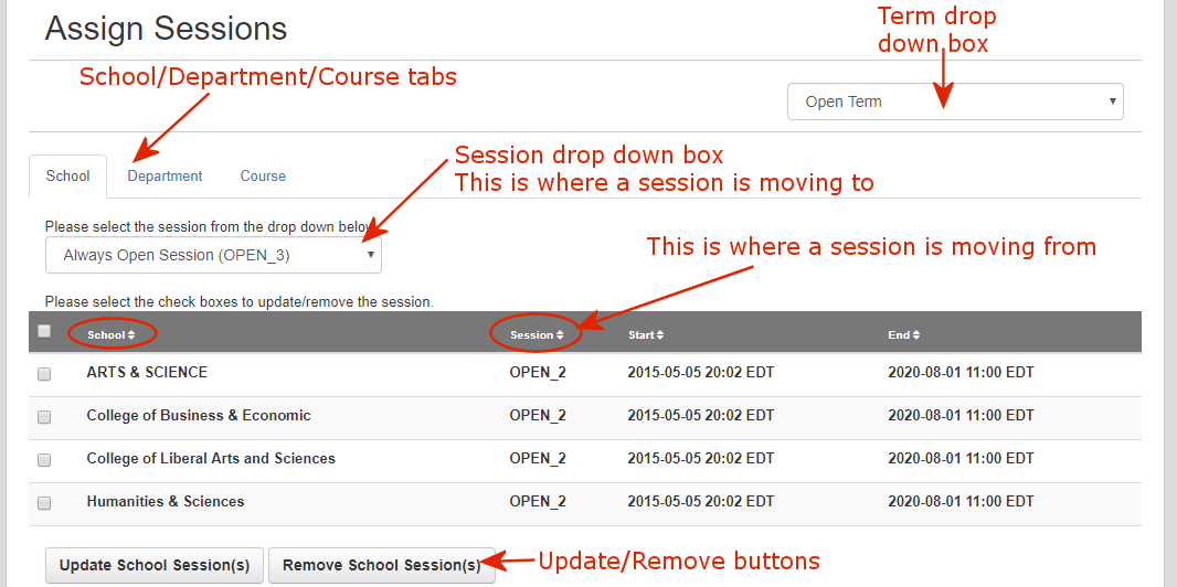 Assign sessions school tab
