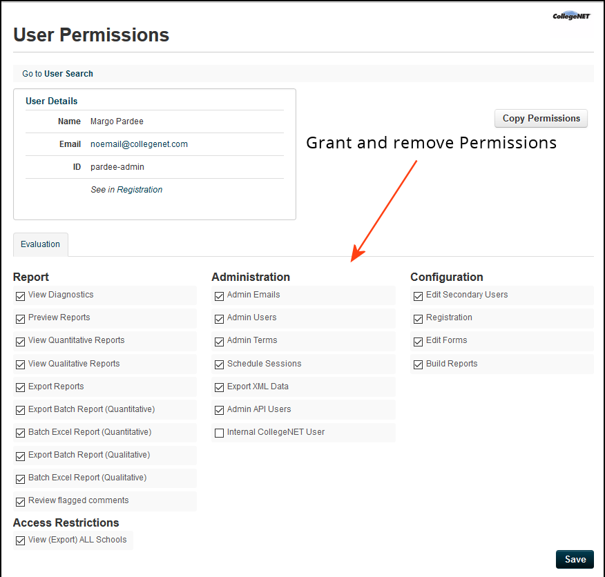 administration permissions section of user permissions