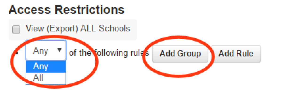 Any and All dropdown options. Add group button.