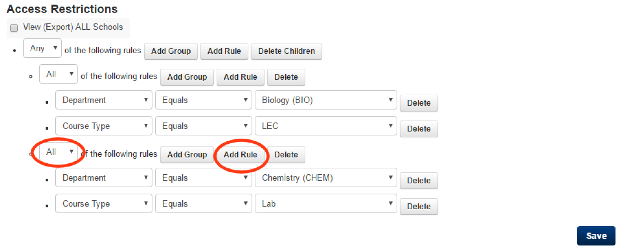 All dropdown option. Add rule button