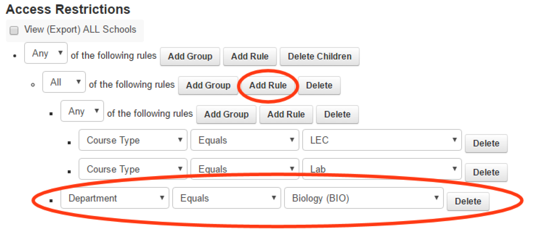 Add rule button. Department equals biology dropdown selections